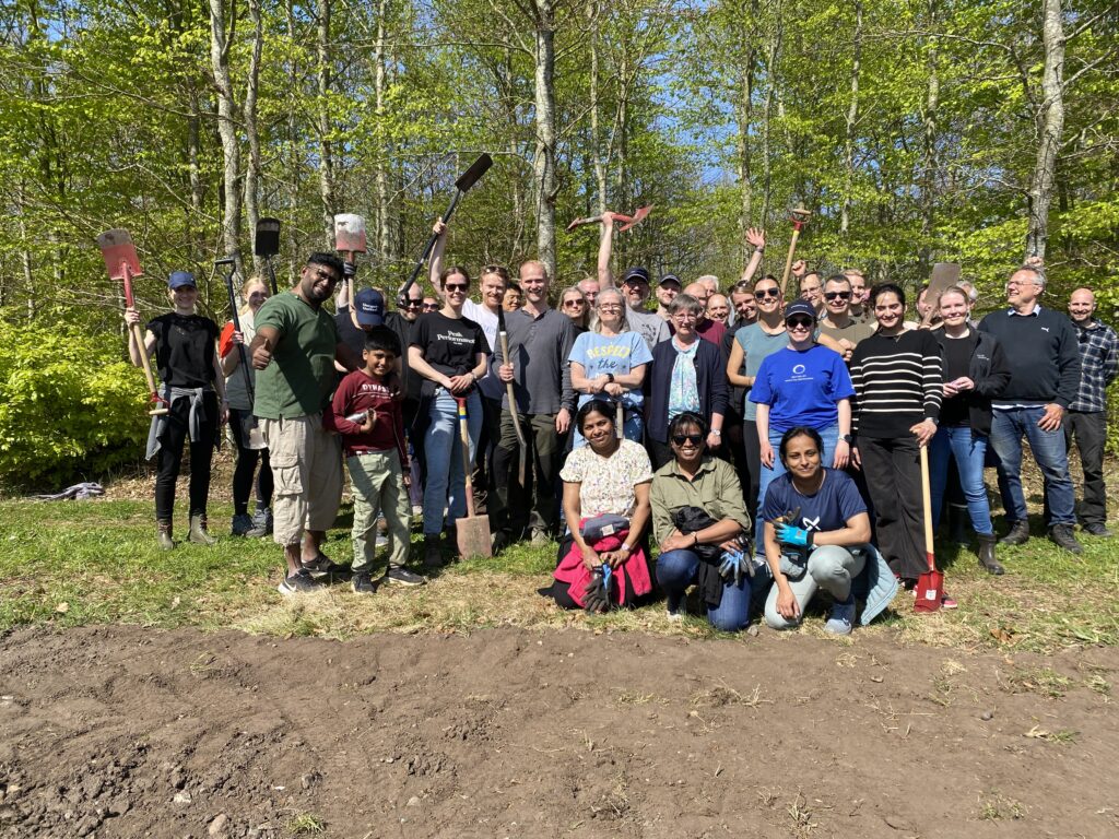 A large group of people with shovels in the sunshine in a forest clearing.